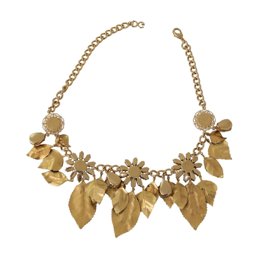 Dolce & Gabbana Green Leaves Gold Brass Crystal Flower Pendant Necklace - Image 3