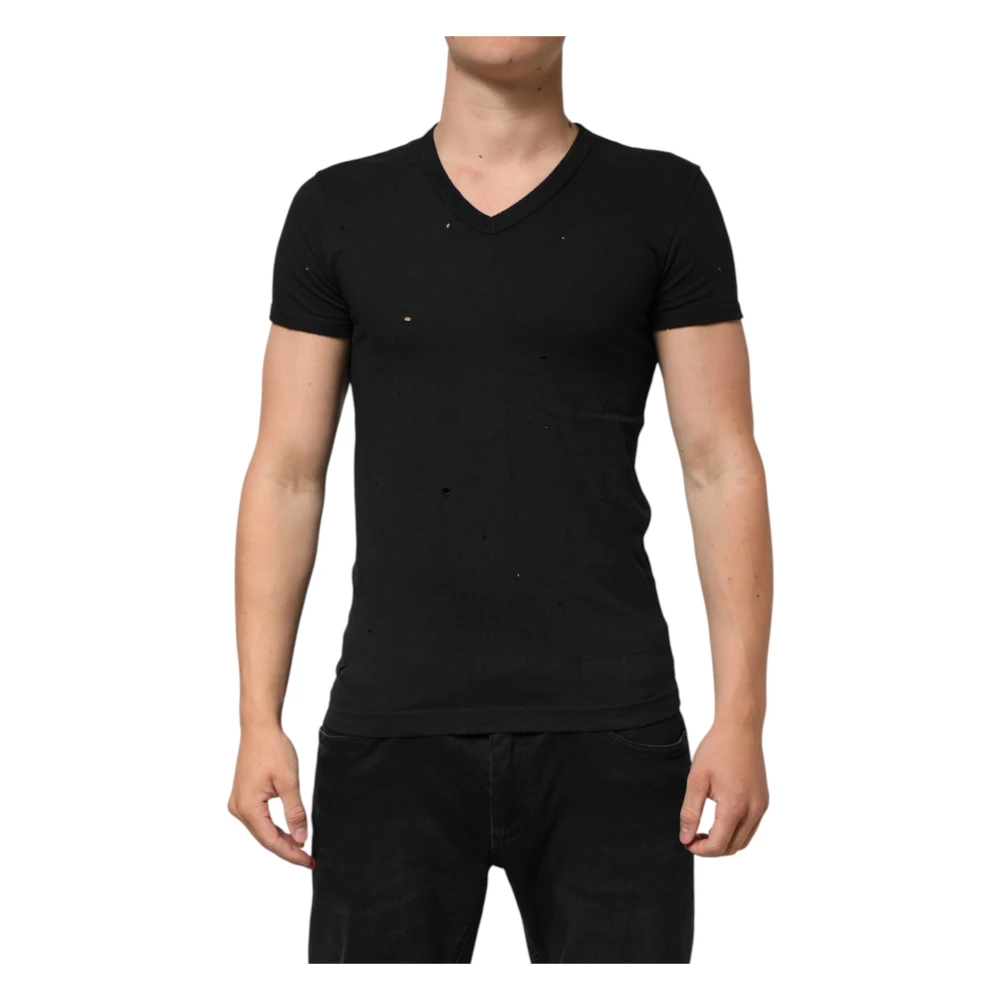 Dolce & Gabbana Men's Black T-Shirts, Xs, Cotton Tattered Logo V-Neck T-Shirt