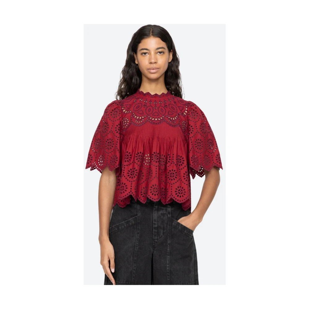 Sea NY Geborduurde top met korte mouwen en pofmouwen Red Dames