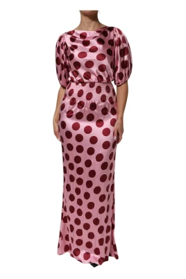 Rosa Röd Polka Dot Sidens Maxiklänning