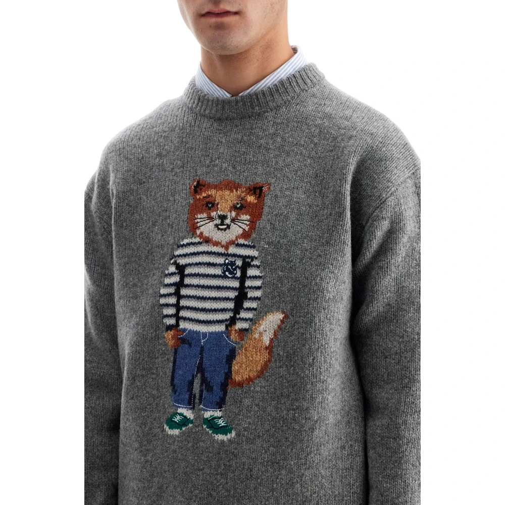 Maison Kitsuné Vos Intarsia Trui Breigoed Gray Heren