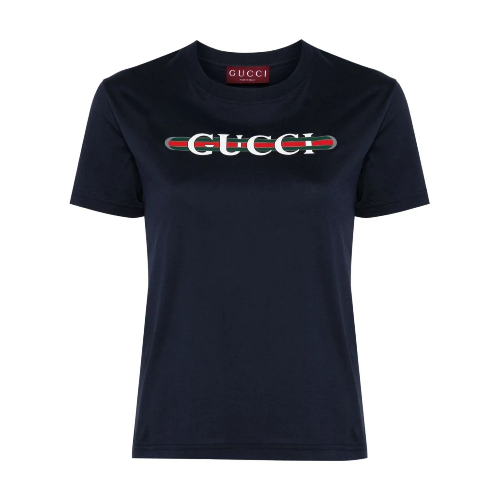 Gucci Blauw Logo Print Crew Neck T-shirt Blue Dames