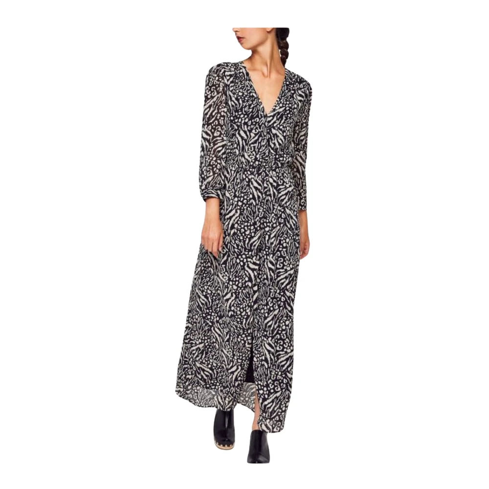 See u soon Gedrukte Lange Jurk V-Hals Glitter Black Dames
