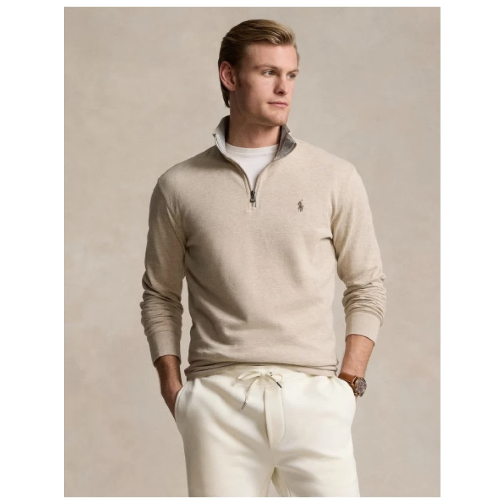 Polo Ralph Lauren Zijdezachte Half-Zip Katoenmix Trui Beige Heren