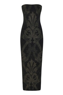 sort-jacquard-kjole-elegant-anledningstoj