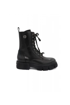 Calf Skin Leather Boots Mid Flat Hexagon