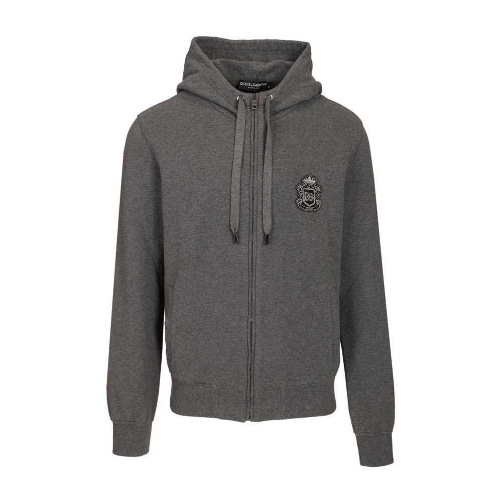 Dolce & Gabbana Zip-Throughs, Male, 2XL, Jersey Sweatshirt With Heraldic Patch Gray