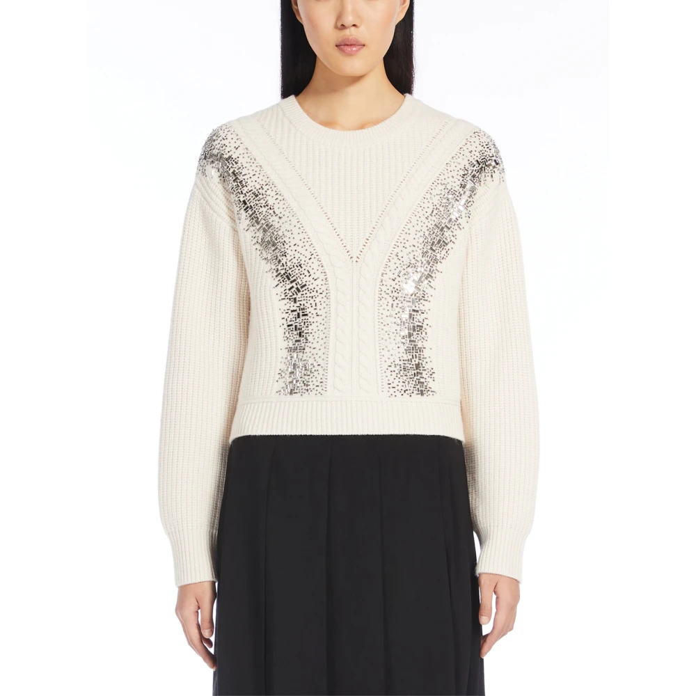 Max Mara Studio Wol Crop Sweater met Spiegelborduursel White Dames