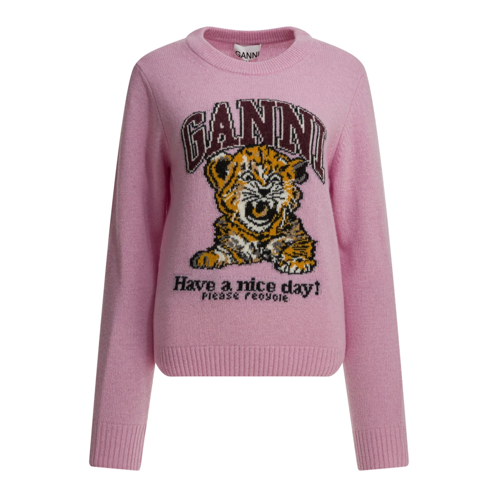 Ganni Women's Pink Round-Neck Knitwear, M, Graphic Wool Jumper