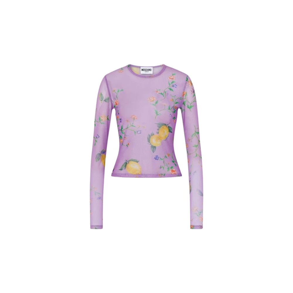 Moschino Vrouw Purper Tops Dames, Paars, M, T-Shirt Van Bedrukt Mesh