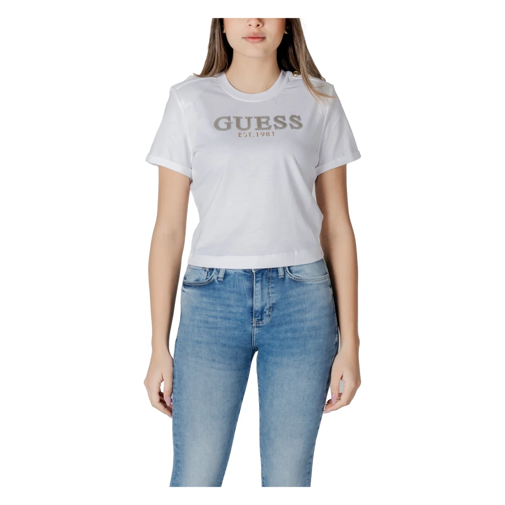 Guess Wit Katoenen T-Shirt Korte Mouw Ronde Hals White Dames