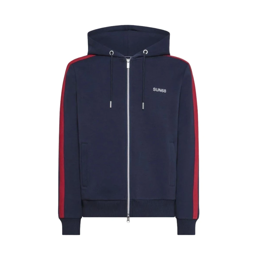 Sun68 Heritage Cotton Hoodie met Zip Stripe Blue Heren