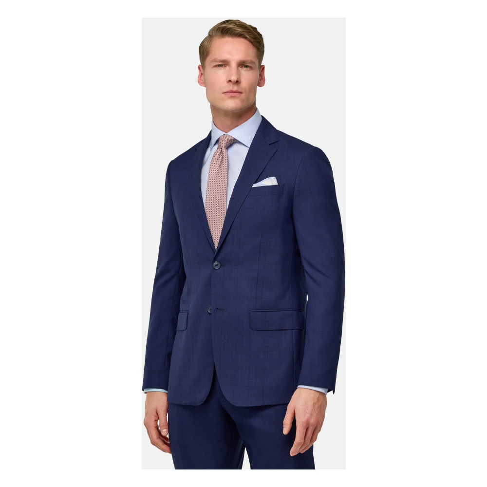 Boggi Milano Prince of Wales-ruit Stretch Wollen Pak Blue Heren