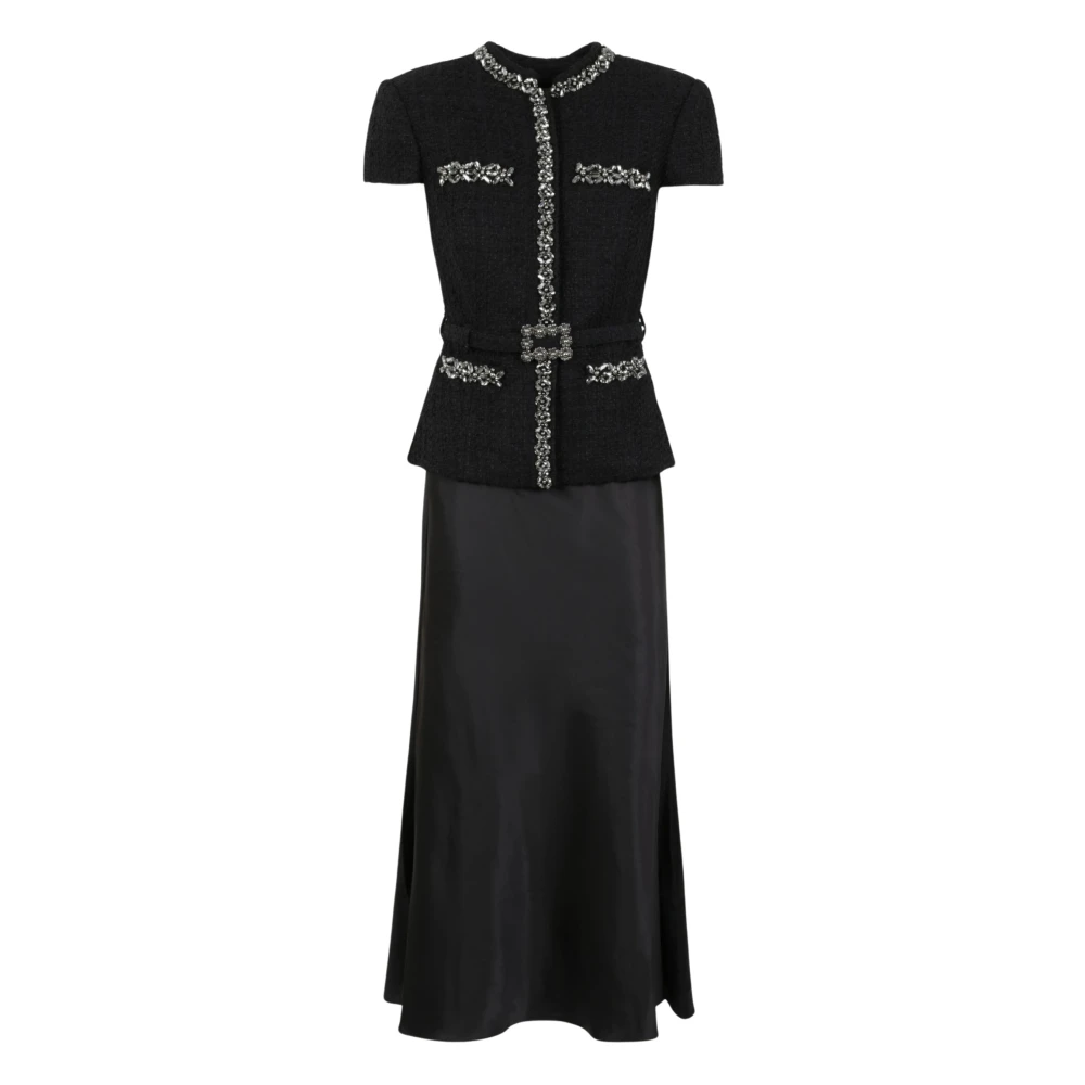 Self Portrait Donna Nero - Abito Midi In Raso E Bouclé Con Cristalli - Dresses - Xs
