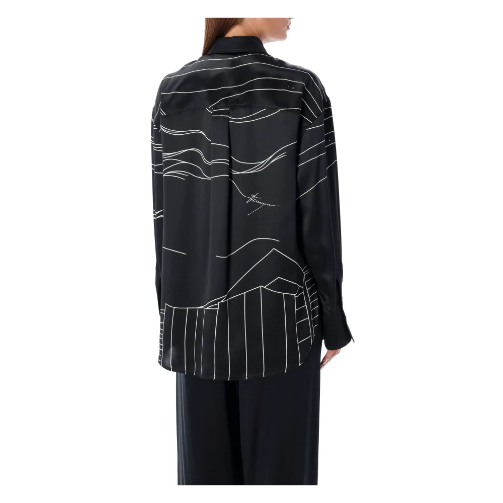 Salvatore Ferragamo Zwart Print Zijden Overhemd Puntkraag Black Dames