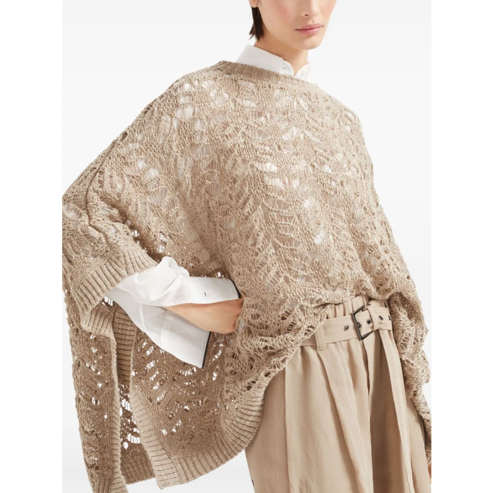 BRUNELLO CUCINELLI Beige Pailletten Gebreide Poncho Trui Beige Dames