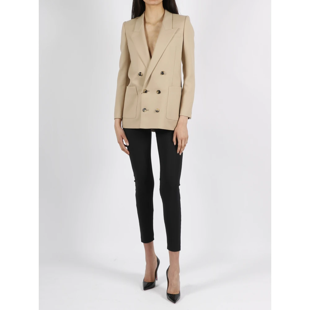 Saint Laurent Wollen Gabardine Double-Breasted Blazer Beige Dames