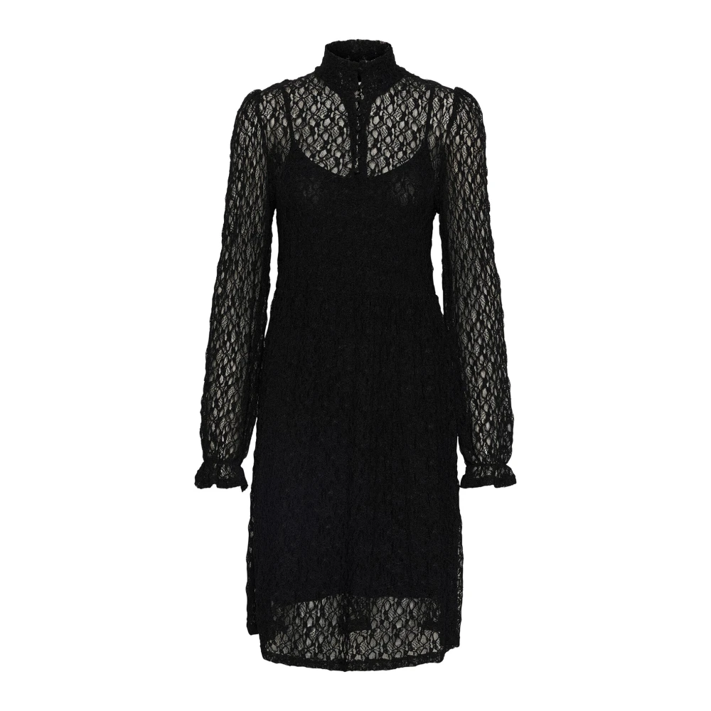 Cream Zwarte Kanten Jurk met Lange Mouwen Black Dames