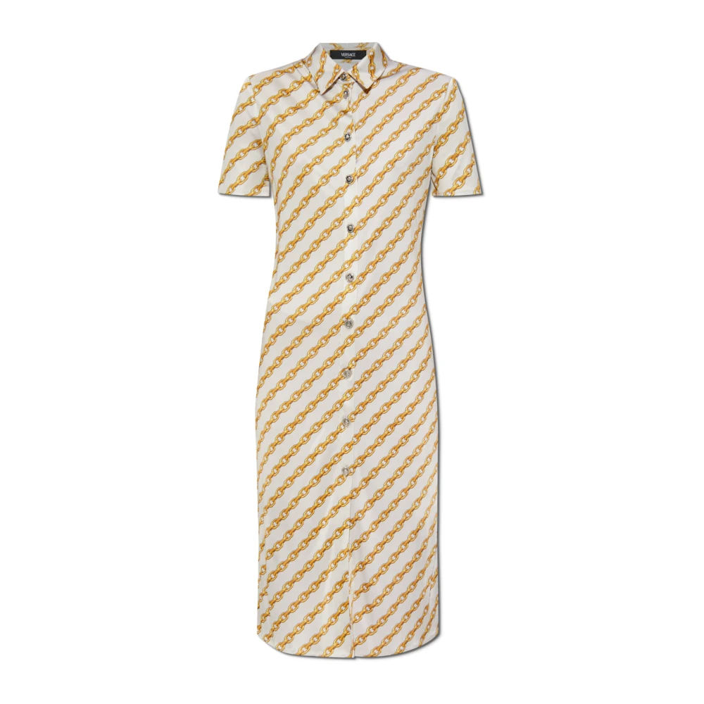 Versace Jurk met gouden ketting strepen print Beige Dames