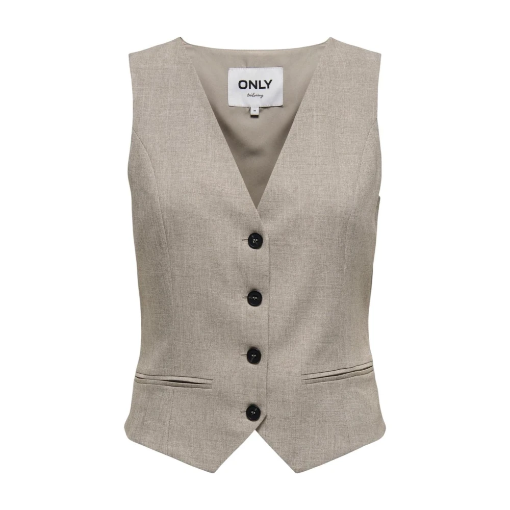Only Women's Beige Low-Cut V-Neck Sleeveless Gilet With Button Fastening