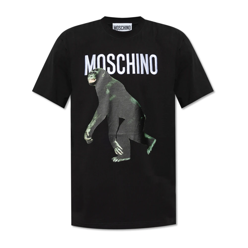 Moschino Zwarte Crew Neck T-shirt met Monkey Print Black Heren