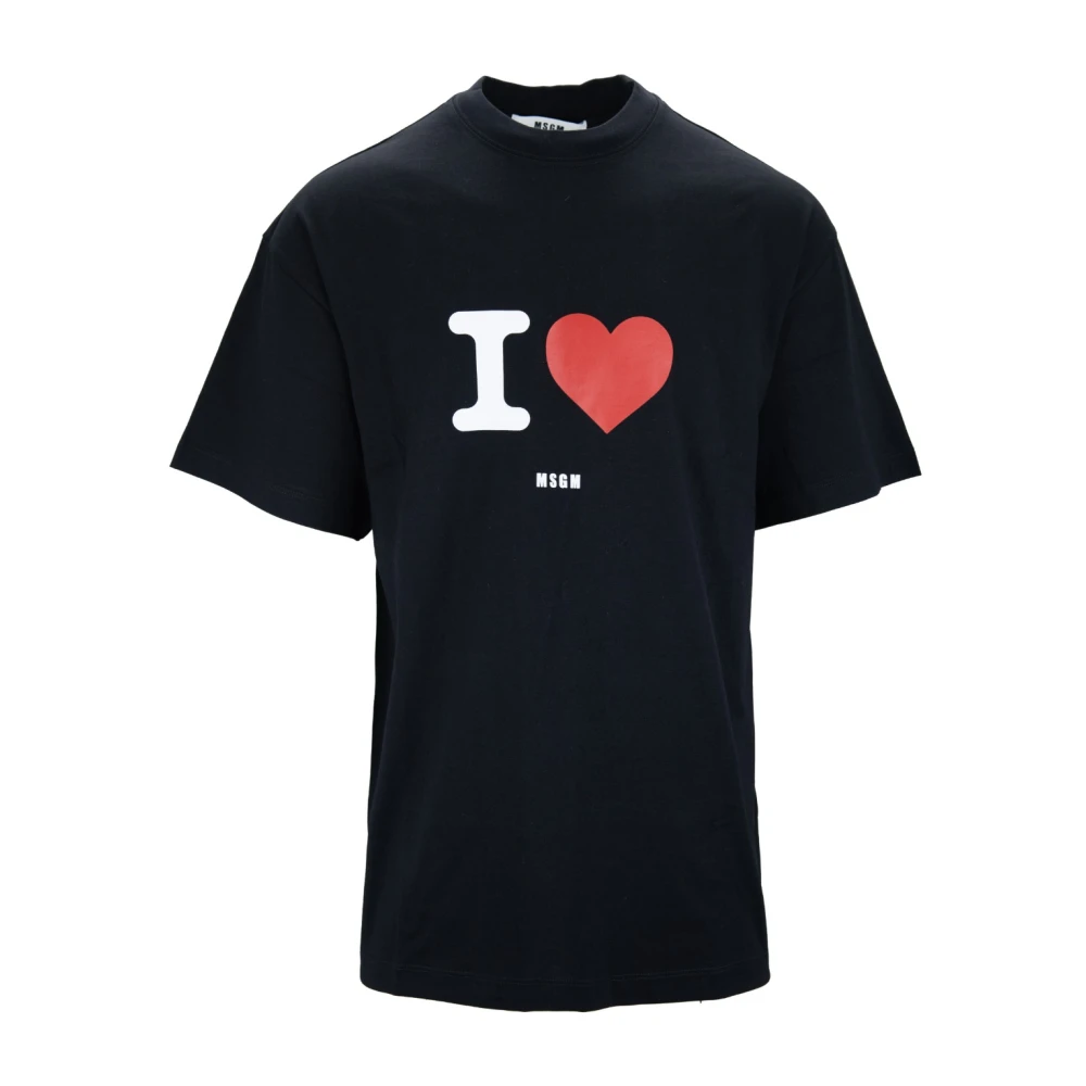 Msgm Men's Black T-Shirts, L, Graphic Print Cotton T-Shirt