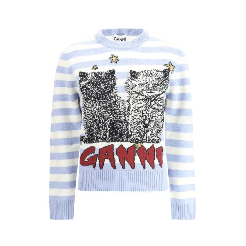 Ganni Gestreepte Kat Grafische Crewneck Sweater Blue Dames