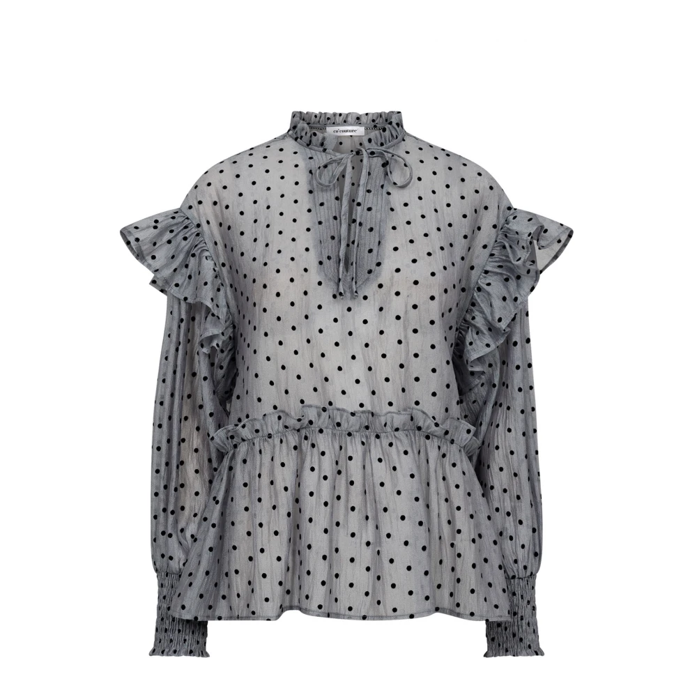 Co'Couture Polka Dot V-Frill Blouse Licht Grijs Gray Dames