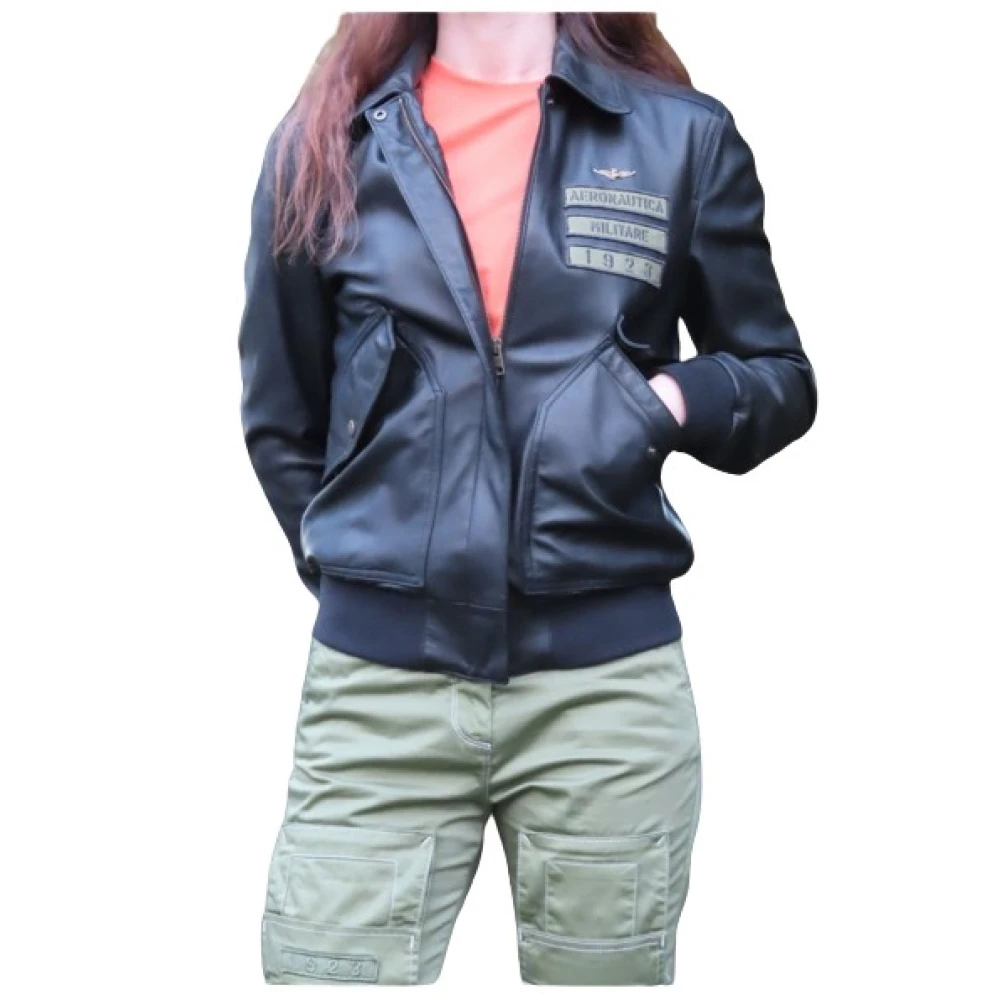 Aeronautica Militare, Leather Jackets, female, Black, Size: XL Black Leather Pilot Bomber Jacket