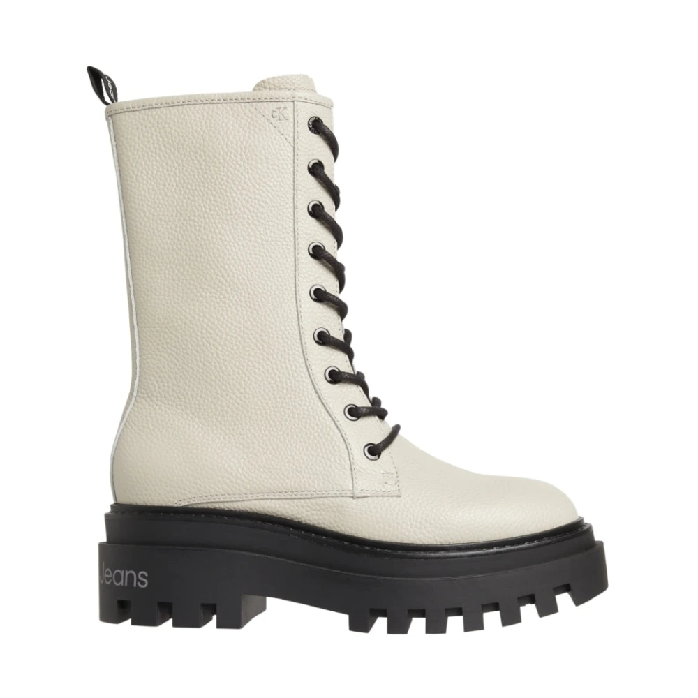 Calvin Klein Beige Leren Flatform Mid Lace-Up Laarzen Beige Dames