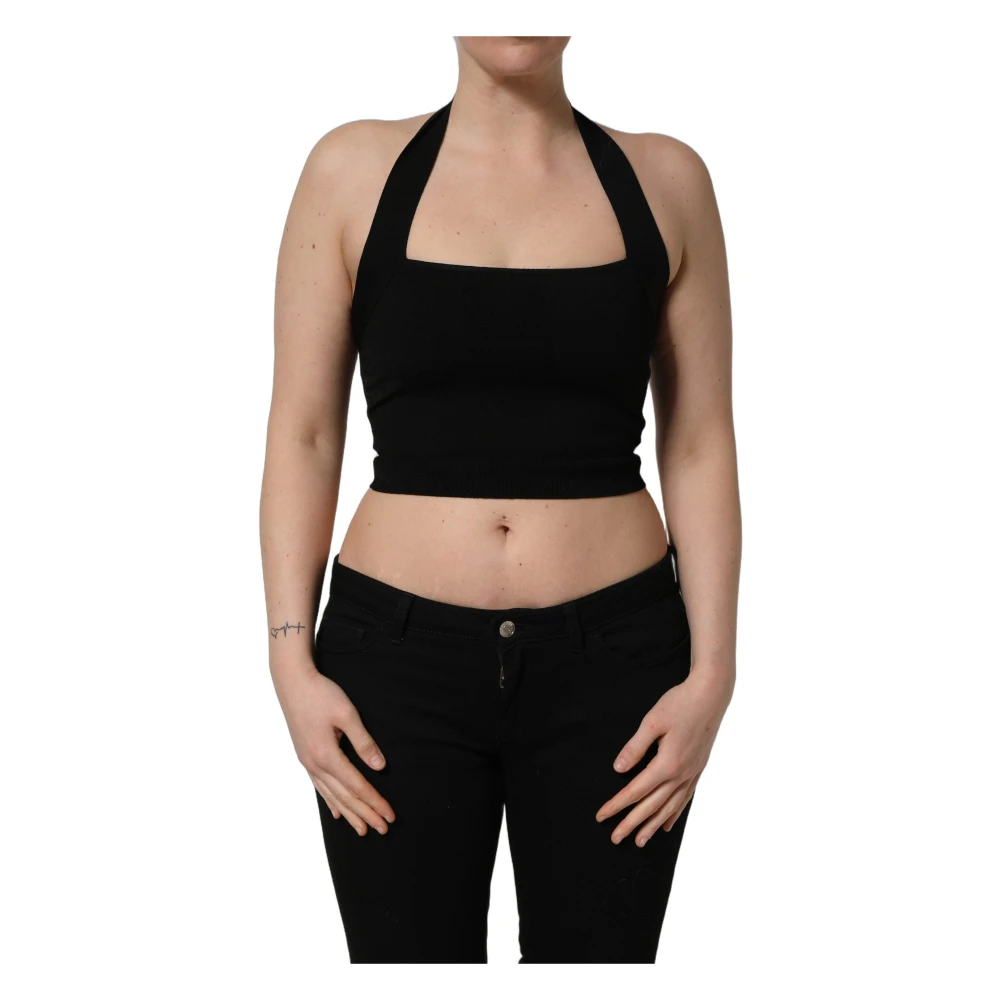 Dolce & Gabbana Women's Black Sleeveless Tops, S, Square Neck Halter Cropped Tank Top