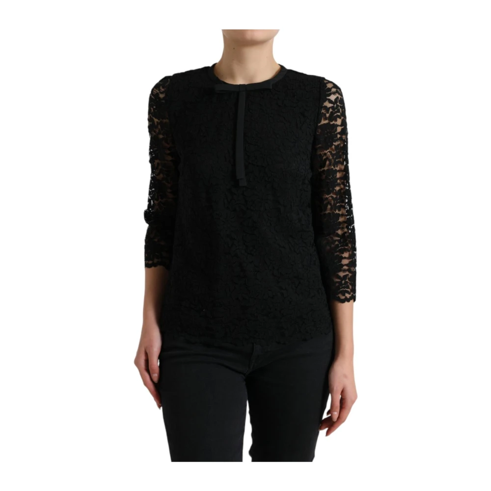 Dolce & Gabbana Women's Black Blouses, 2XS, Floral Lace Top With Zipper