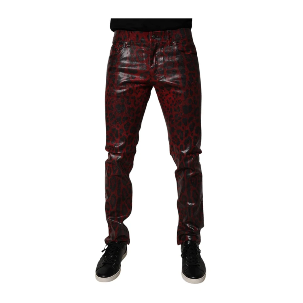Dolce & Gabbana Men's Red Leopard Print Skinny Denim Jeans - Slim-Fit Trousers - M- Trousers