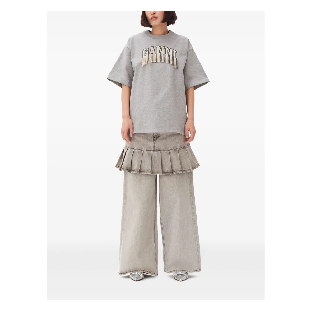 Ganni Fringe Logo T-shirt Gray Dames