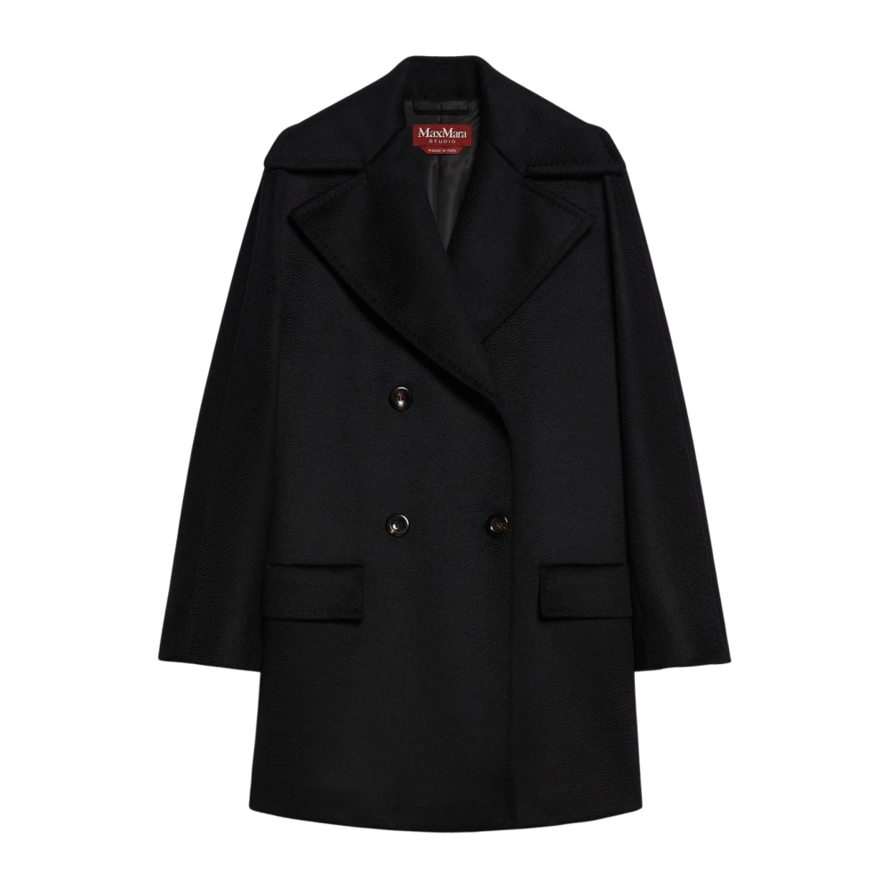 Max Mara Studio Wollen double-breasted jas met brede revers Black Dames