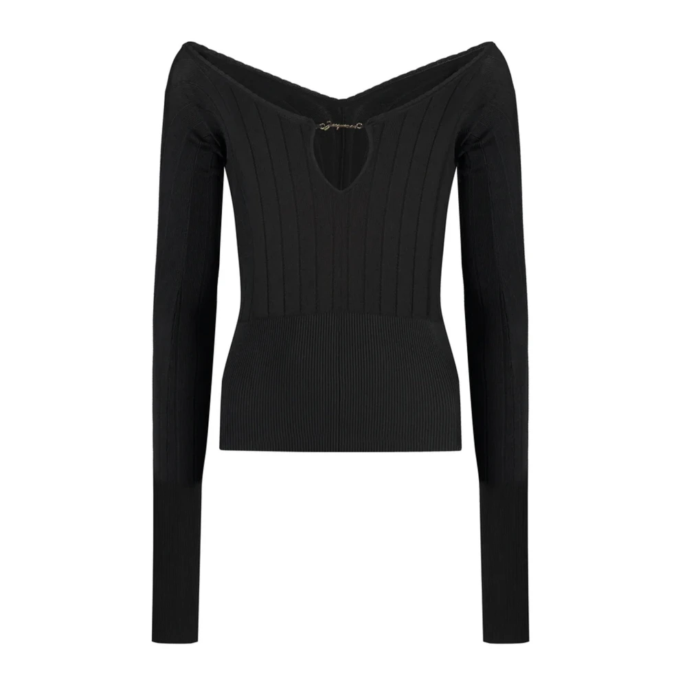 Jacquemus Black Knitted V-Neck Topwear - Female - Long Sleeve T-Shirts - M - Tops