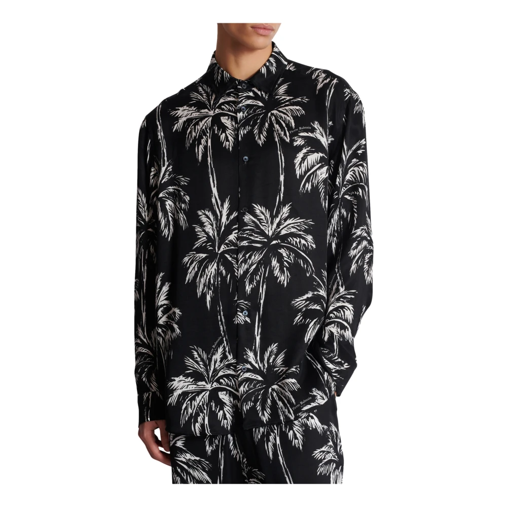 Balmain Gedrukte satijnen palmboom overhemd Black Heren