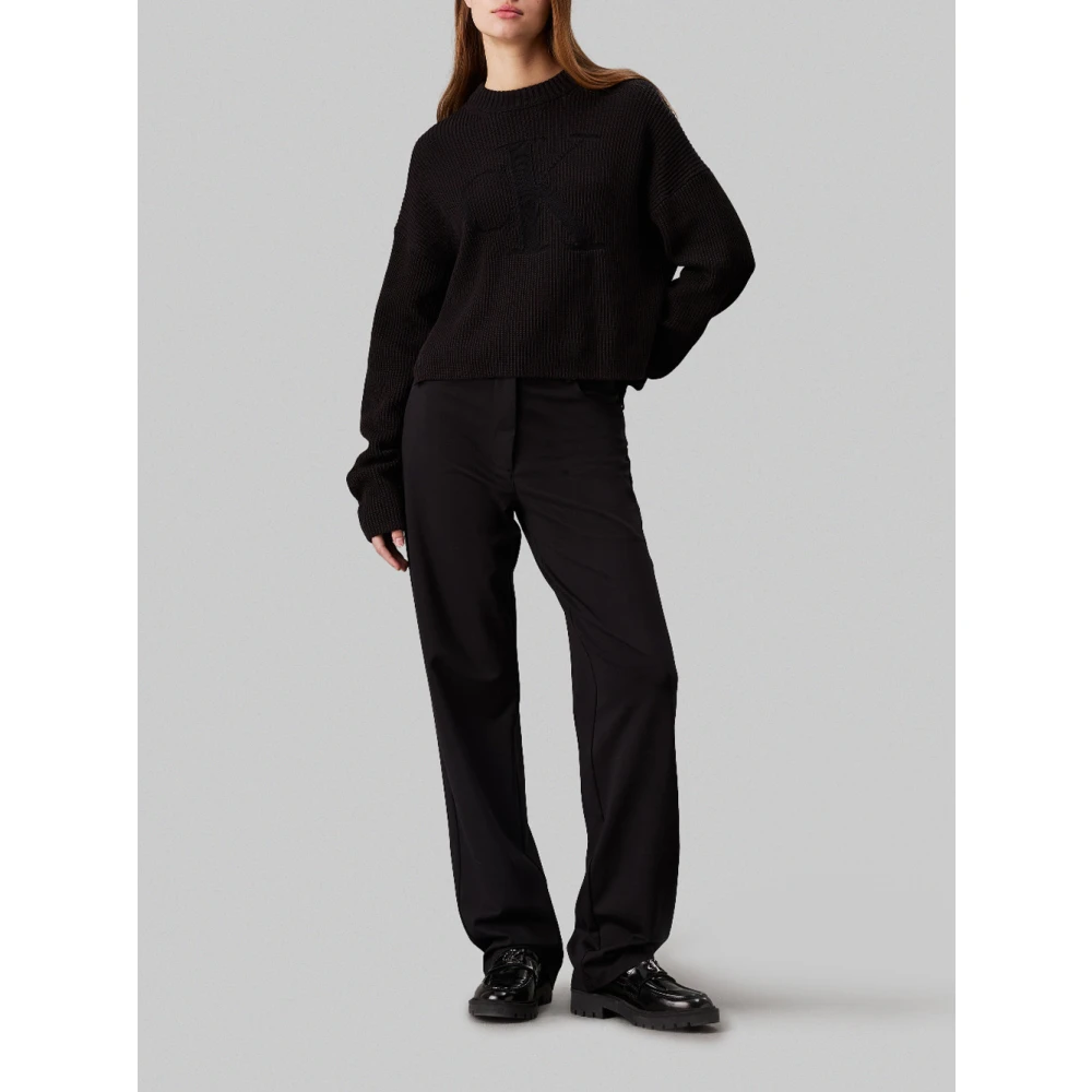 Calvin Klein Jeans Zwarte Geribbelde Logotrui Black Dames