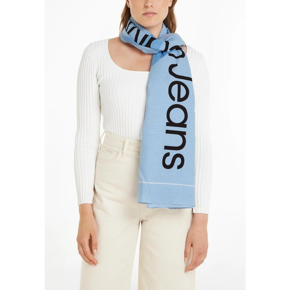 Calvin Klein Blauwe Bedrukte Katoenen Sjaal Blue Dames