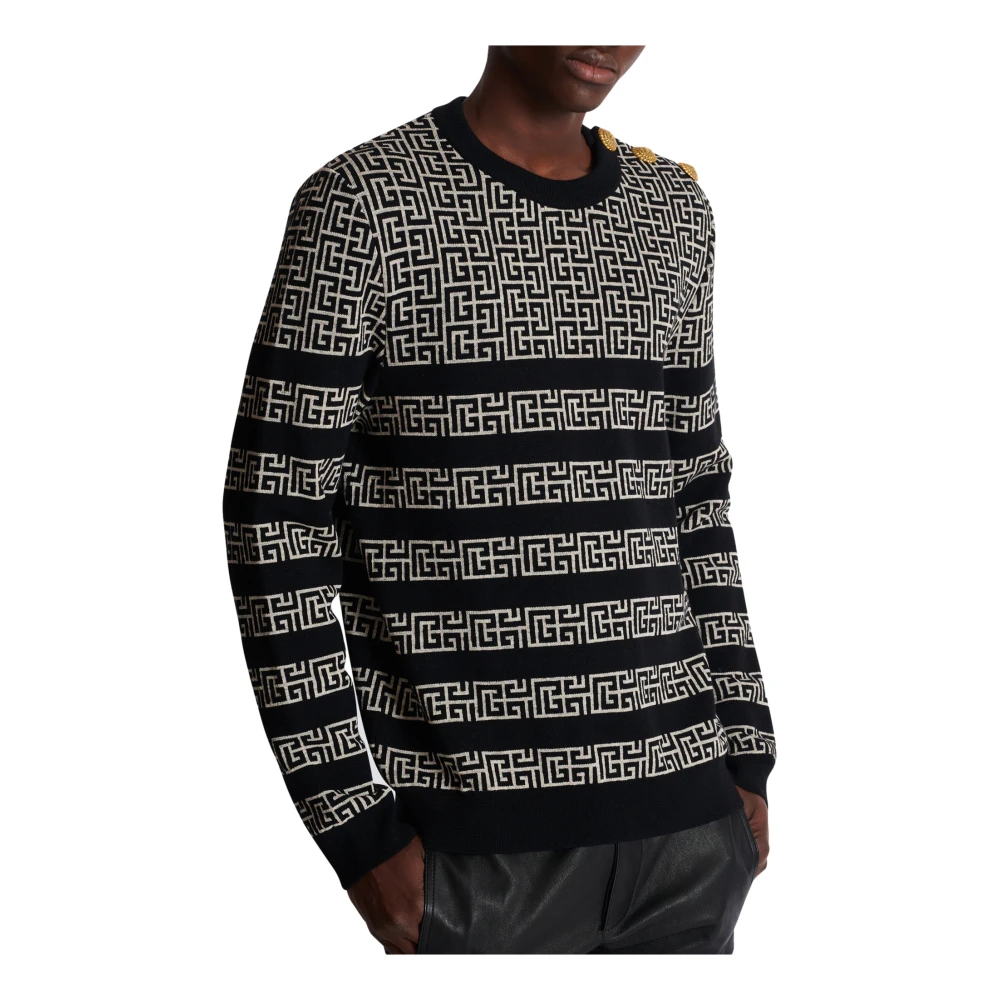 Balmain Gestreepte PB Labyrinth wol en linnen trui Black Heren