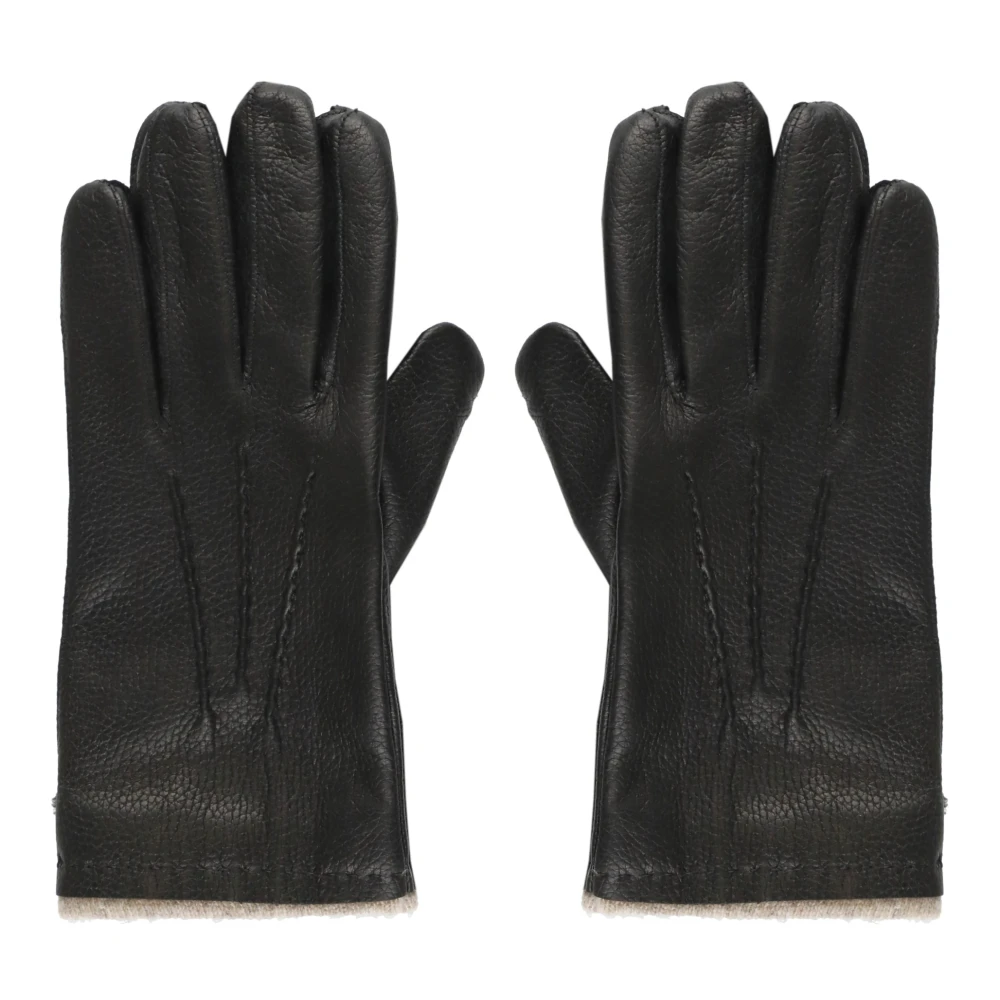 Orciani Zwarte Leren Wol en Kasjmier Handschoenen met Geborduurde Details Black Heren