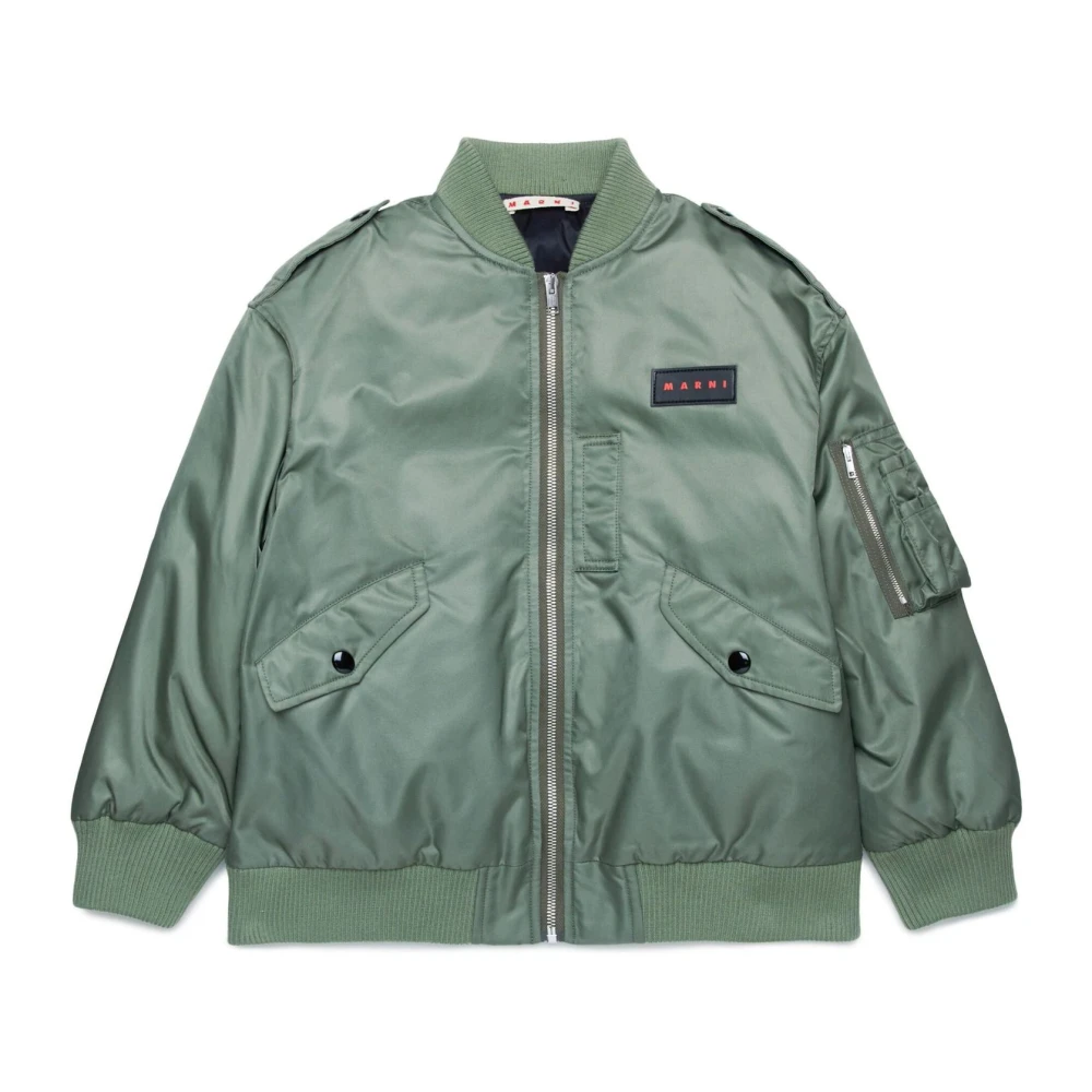 Marni Grön Satin Bomberjacka Ribbad Krage Green, Unisex