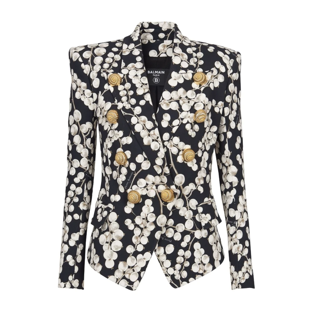 Balmain Grafische Print Double-Breasted Zwarte Jas Black Dames