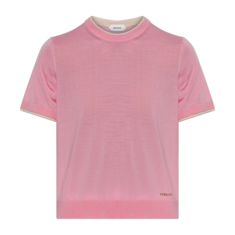 Versace Vrouw Roze Truien & Vesten Dames, M, Wol, Wollen Top Met Geborduurd Logo