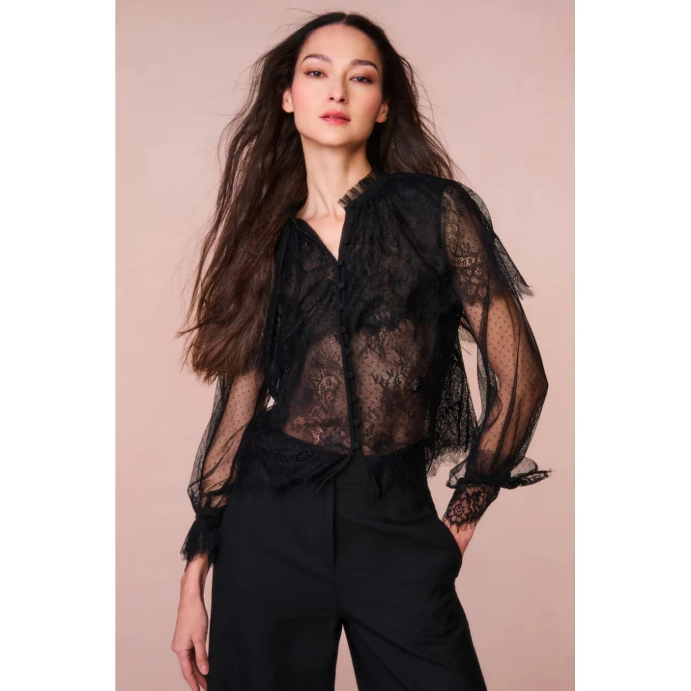 Loveshackfancy Doorschijnende Kant Duquette Ruche Blouse Black Dames