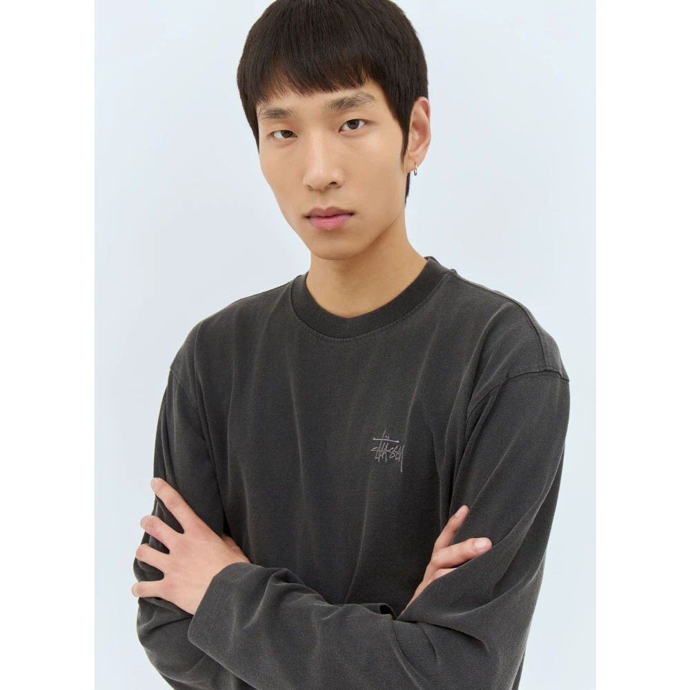 Stüssy Gewassen Crewneck T-shirt met Logo Borduurwerk Black Heren