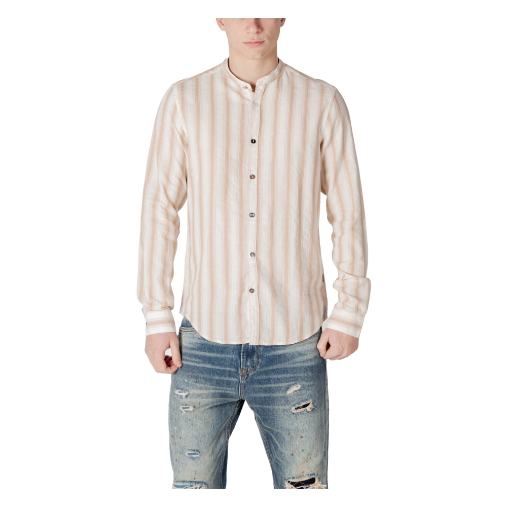 Gianni Lupo Gestreepte Mandarin Kraag Katoenen Overhemd Beige Heren
