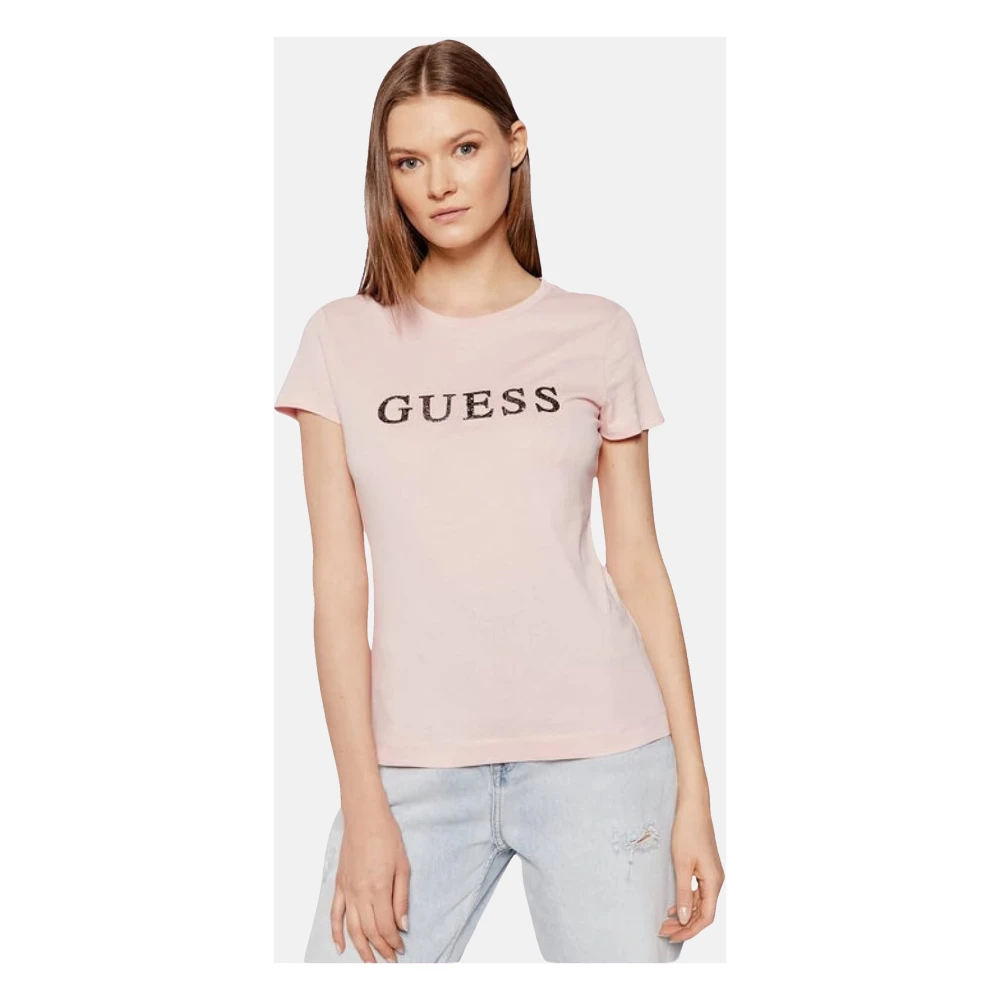 Guess Elegant T-shirt met Paillet Logo Pink Dames