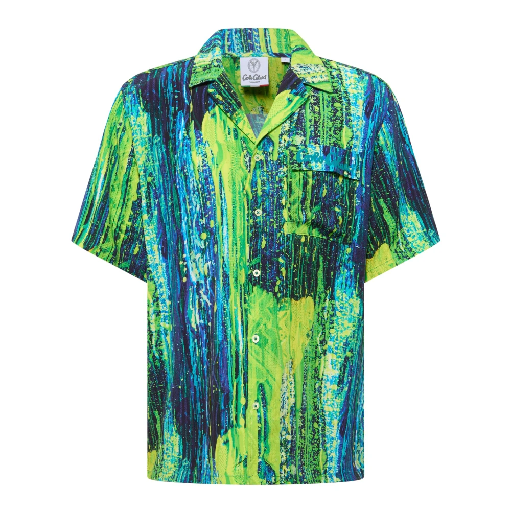 Carlo Colucci Men's Multicolor Short Sleeve Shirts, M, Abstract Drip-Print Short Sleeve Shirt