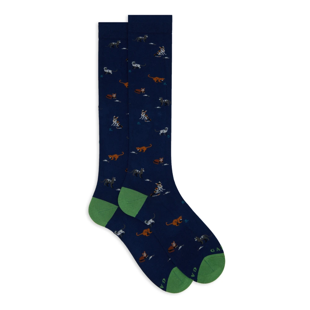 Gallo Lange blauwe katoenen sokken voor heren met kat muis en garenbal motief Multicolor Heren
